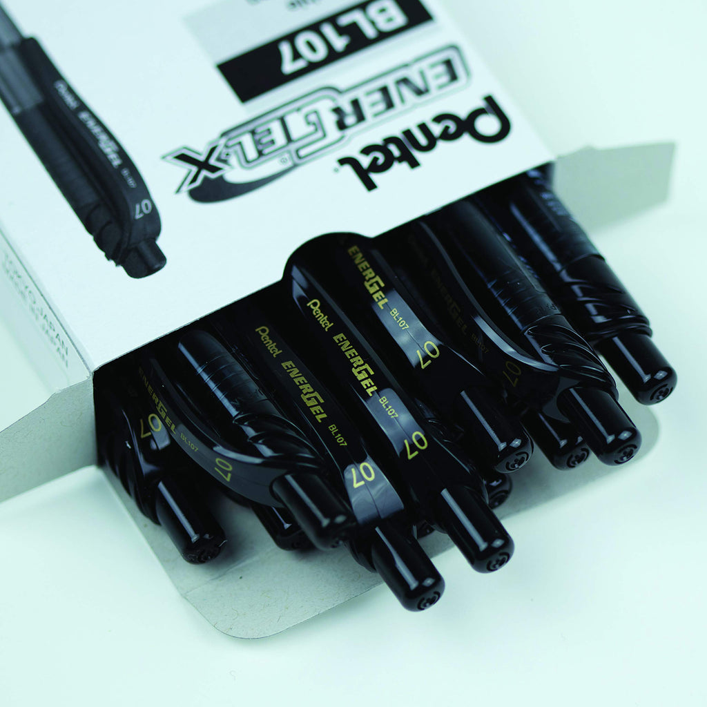 Pentel EnerGel X Retractable Liquid Gel Rollerball Pen, Everyday Writing, Office Supplies, School Supplies, 0.7mm Medium Point, Black Ink, BL107-A, Box of 12