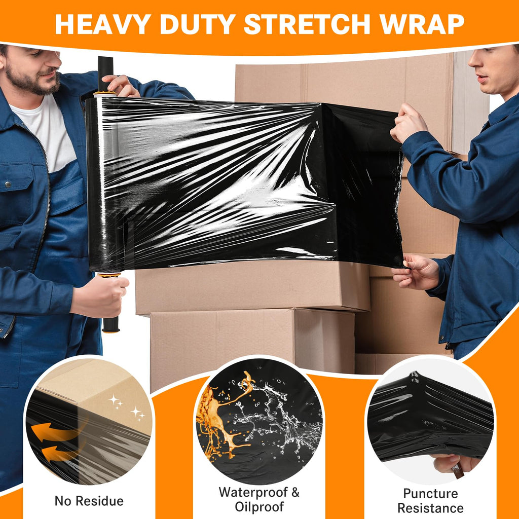 Origuuds Stretch Film, 80 Gauge Stretch Wrap with Handles, Industrial Strength Plastic Wrap for Moving, Pallet Wrap, Luggage, Furniture Wrapping, Packing (Black/15 Inch x 1000 Feet, 1 Roll)