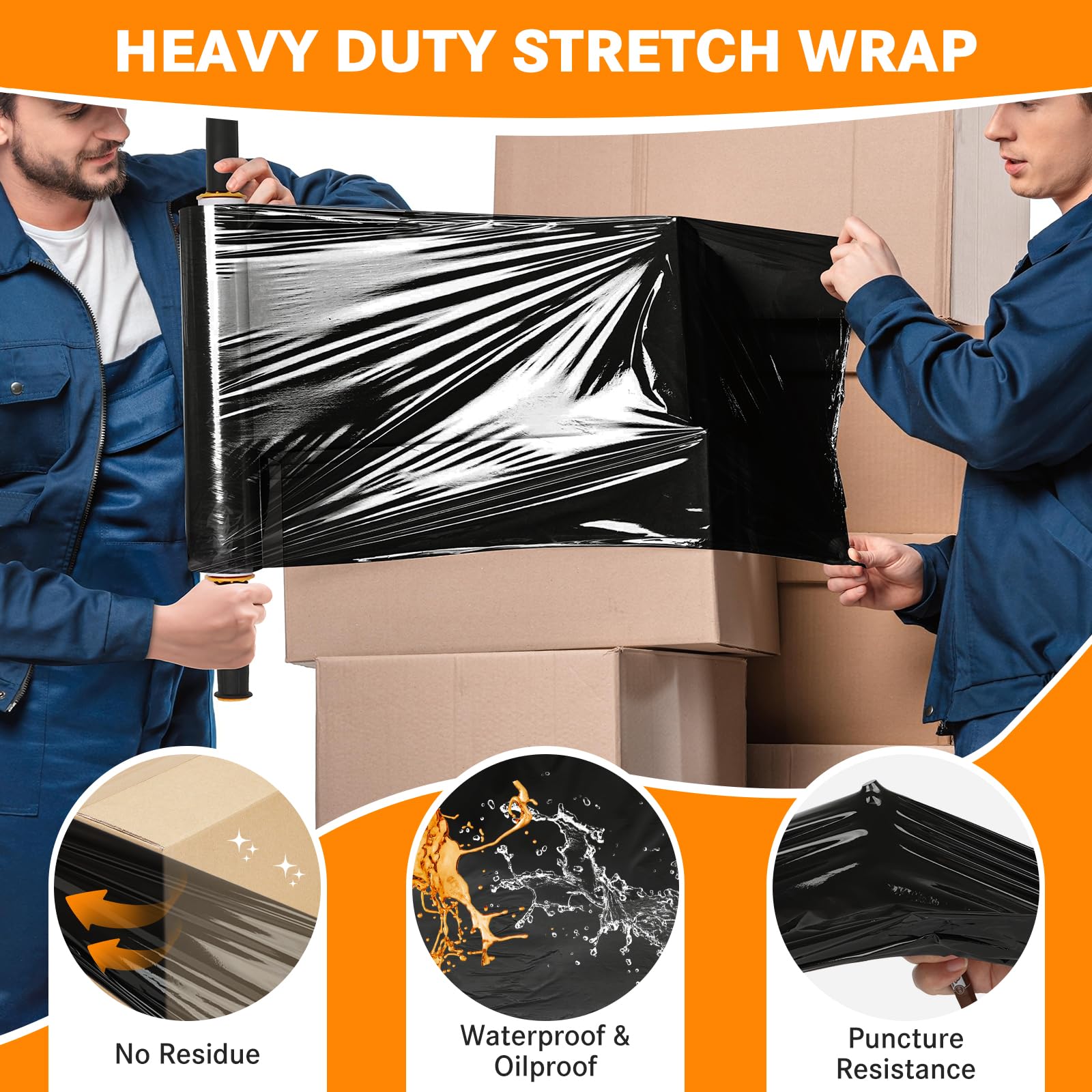 Origuuds Stretch Film, 80 Gauge Stretch Wrap with Handles, Industrial Strength Plastic Wrap for Moving, Pallet Wrap, Luggage, Furniture Wrapping, Packing (Black/15 Inch x 1000 Feet, 1 Roll)