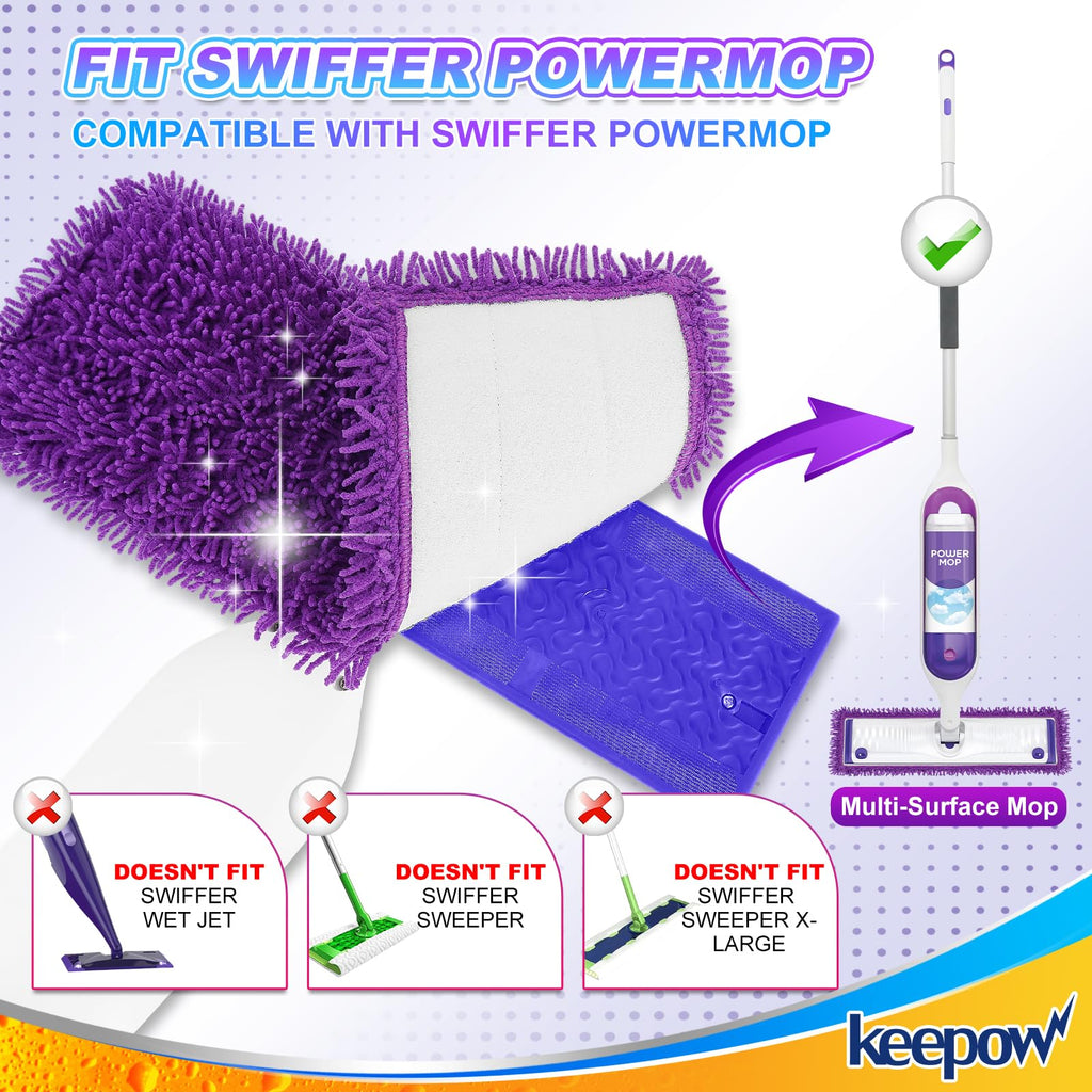 KEEPOW Reusable Power Mop Refill Pads Compatible with Swiffer Power Mop, Powermop Mopping Pad Refills for Wood Floor Cleaning, Machine Washable Microfiber Mop Pads, 4 Pack