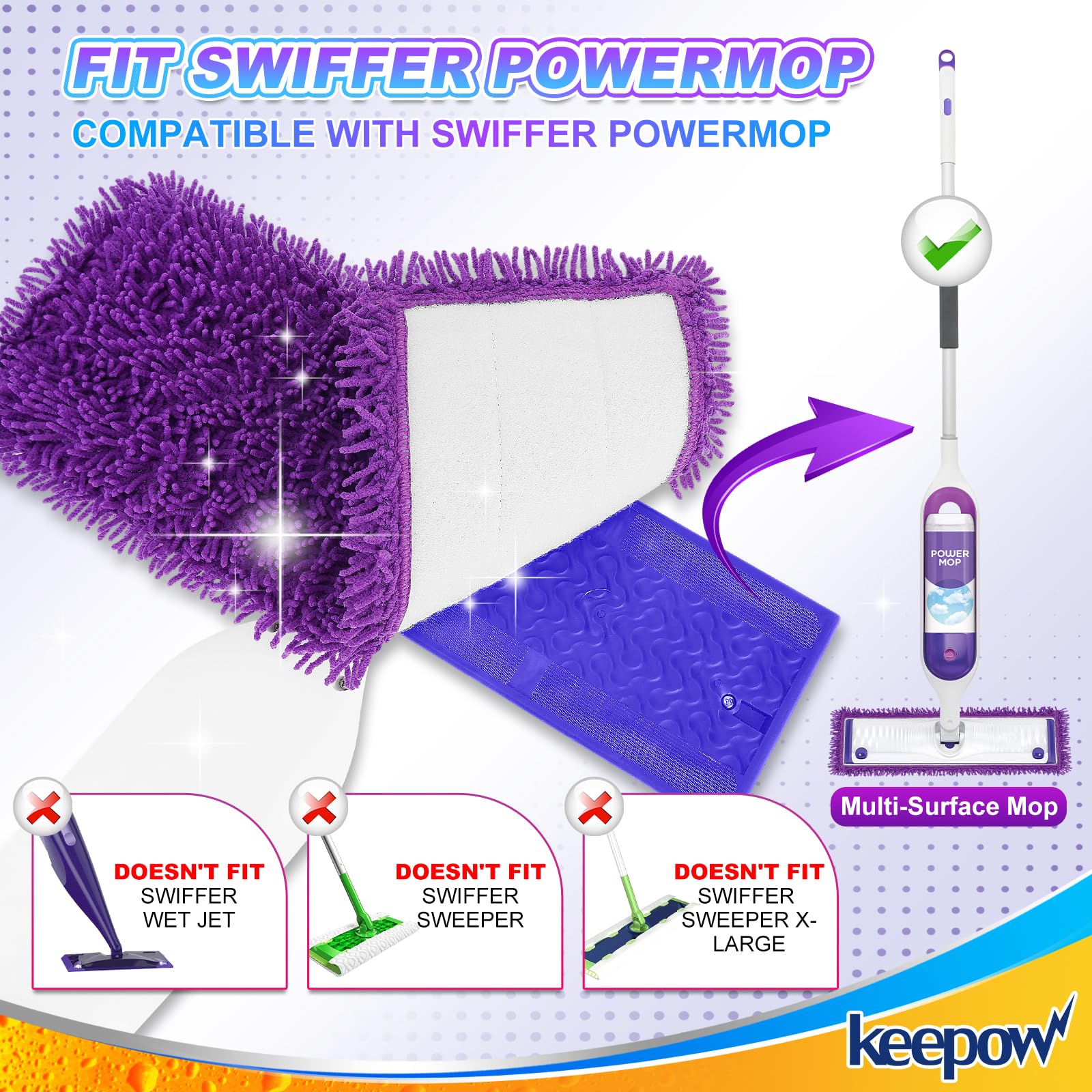 KEEPOW Reusable Power Mop Refill Pads Compatible with Swiffer Power Mop, Powermop Mopping Pad Refills for Wood Floor Cleaning, Machine Washable Microfiber Mop Pads, 4 Pack