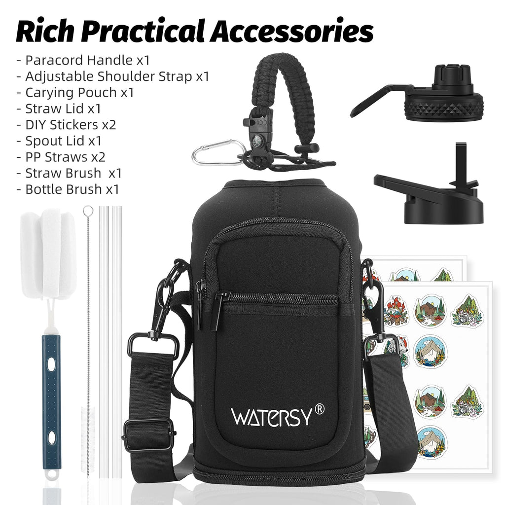64oz Insulated Water Bottle (Cold for 48 Hrs),BPA Free&Leak Proof,Half Gallon Stainless Steel Water Flask,Water Jug with Straw Spout Lids for Gym,Hiking,Camping,Black