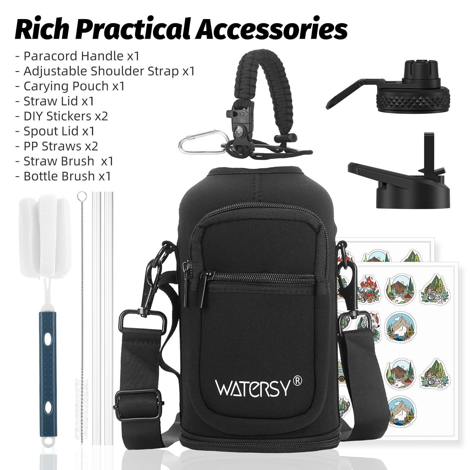 64oz Insulated Water Bottle (Cold for 48 Hrs),BPA Free&Leak Proof,Half Gallon Stainless Steel Water Flask,Water Jug with Straw Spout Lids for Gym,Hiking,Camping,Black