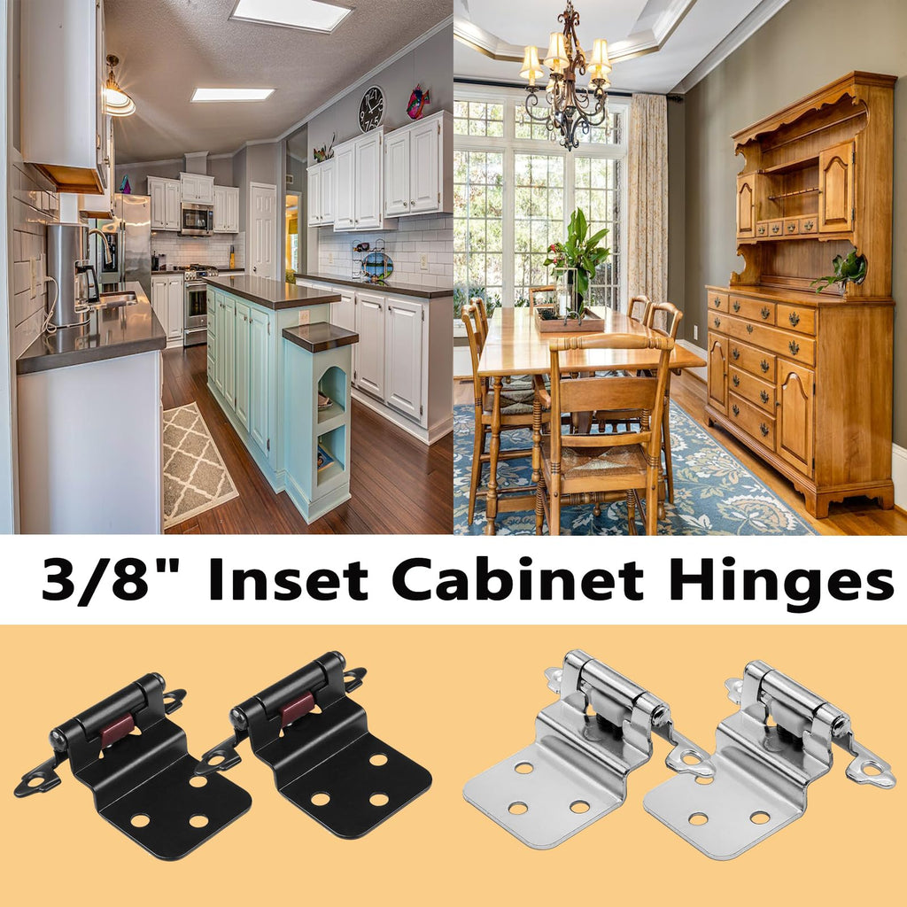16 Pack Cabinet Hinges for Kitchen Cabinets,3/8" Inset Cabinet Hinge Self Closing Kitchen Cabinet Door Hinges Black Kitchen Cabinet Door Hinges with Screws(8 Pairs)