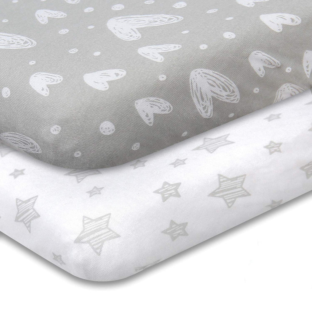 Biloban Pack and Play Sheets, 2 Pack, 100% Natural Cotton Jersey Knit Fitted for Pack and Play Playard, Soft Breathable, Preshrunk, Gray Stars