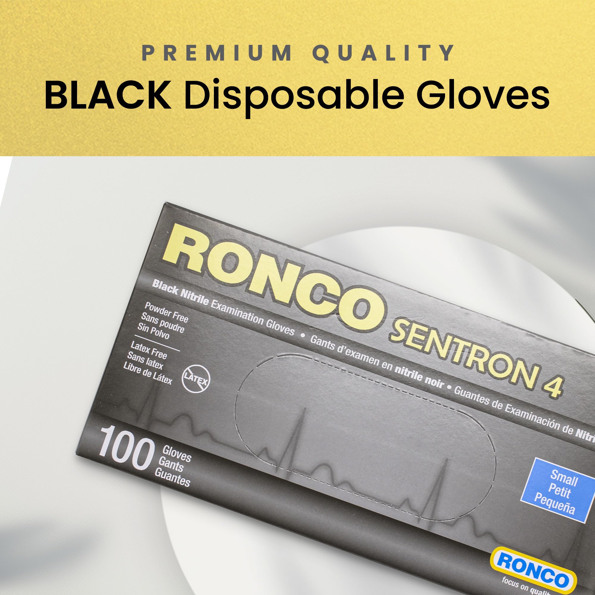 Black Disposable Nitrile Gloves, Small, Heavy Duty, Powder-Free, Industrial Grade, 4 MIL Thickness, Texture, Ronco Sentron4 (Small) 100 Gloves