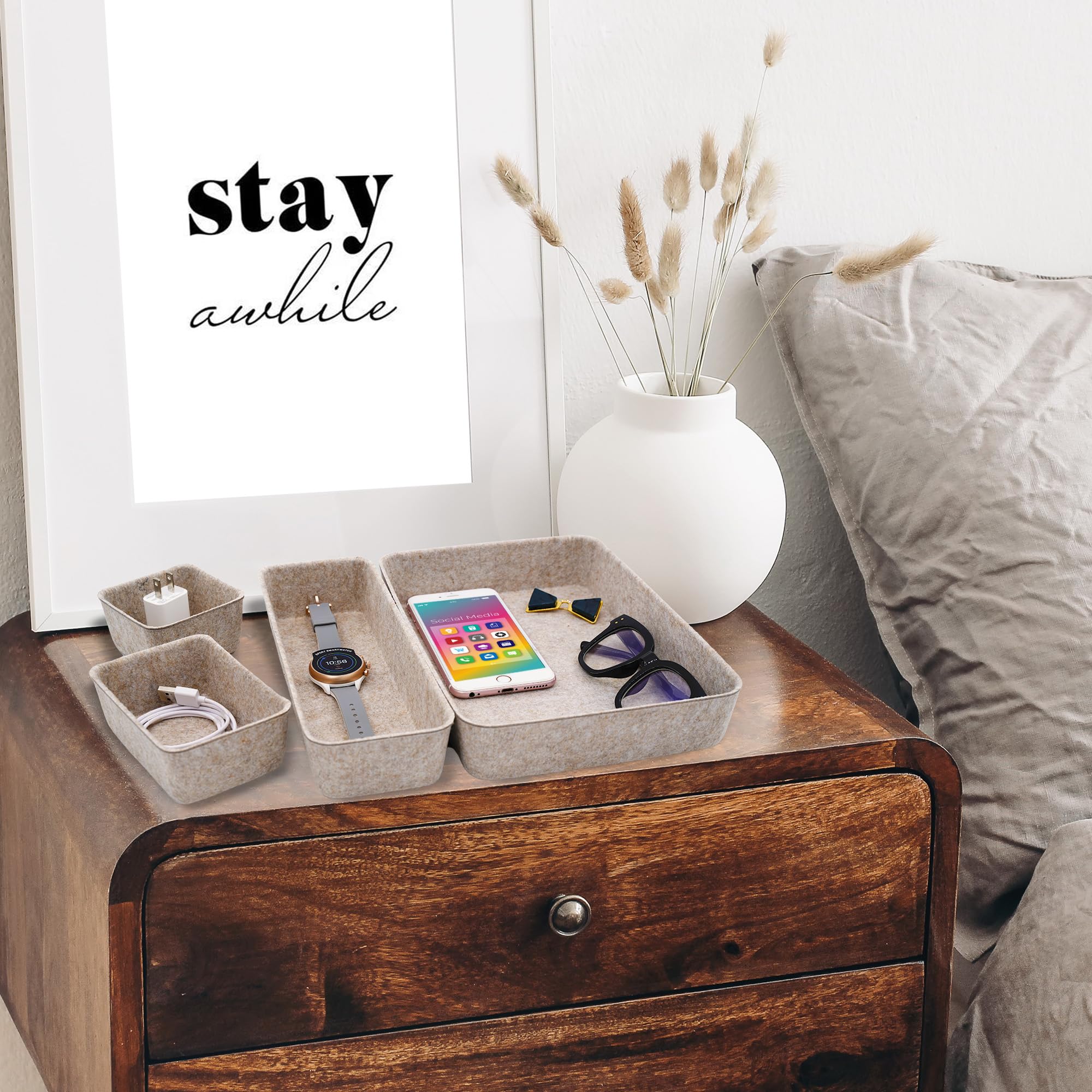 Welaxy 8-piece Nordic Beige desk drawer organizer tray office suppliers pens decluttering aesthetic wabi-sabi Scandinavian-chic storage bin hygge sleek minimalist fall gift (Oatmeal)