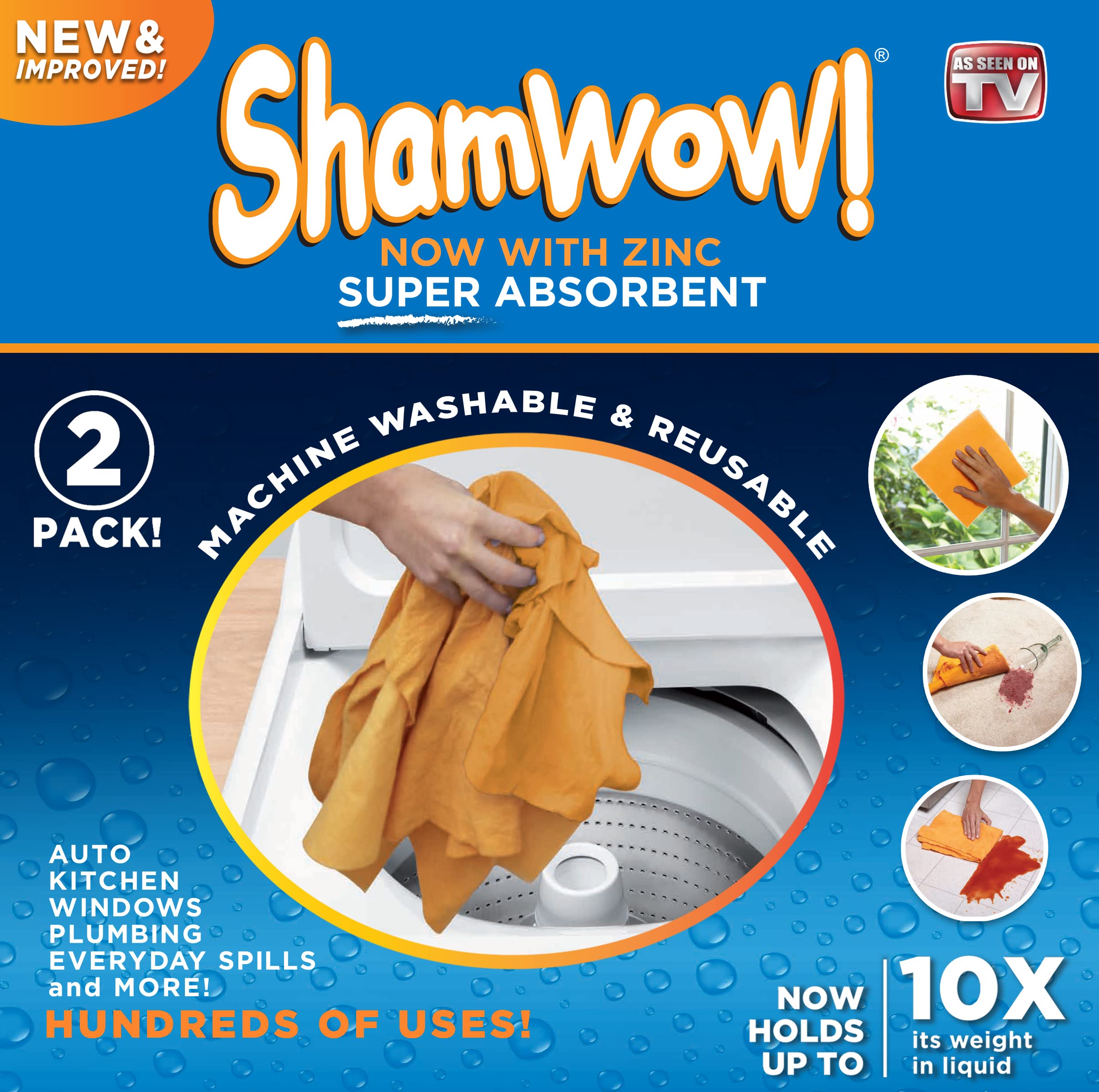 ShamWow- New & Improved Super Absorbent Multipurpose Cleaning Cloth Chamois Towel- Zinc Treated Odor Fibers (2 Pack)