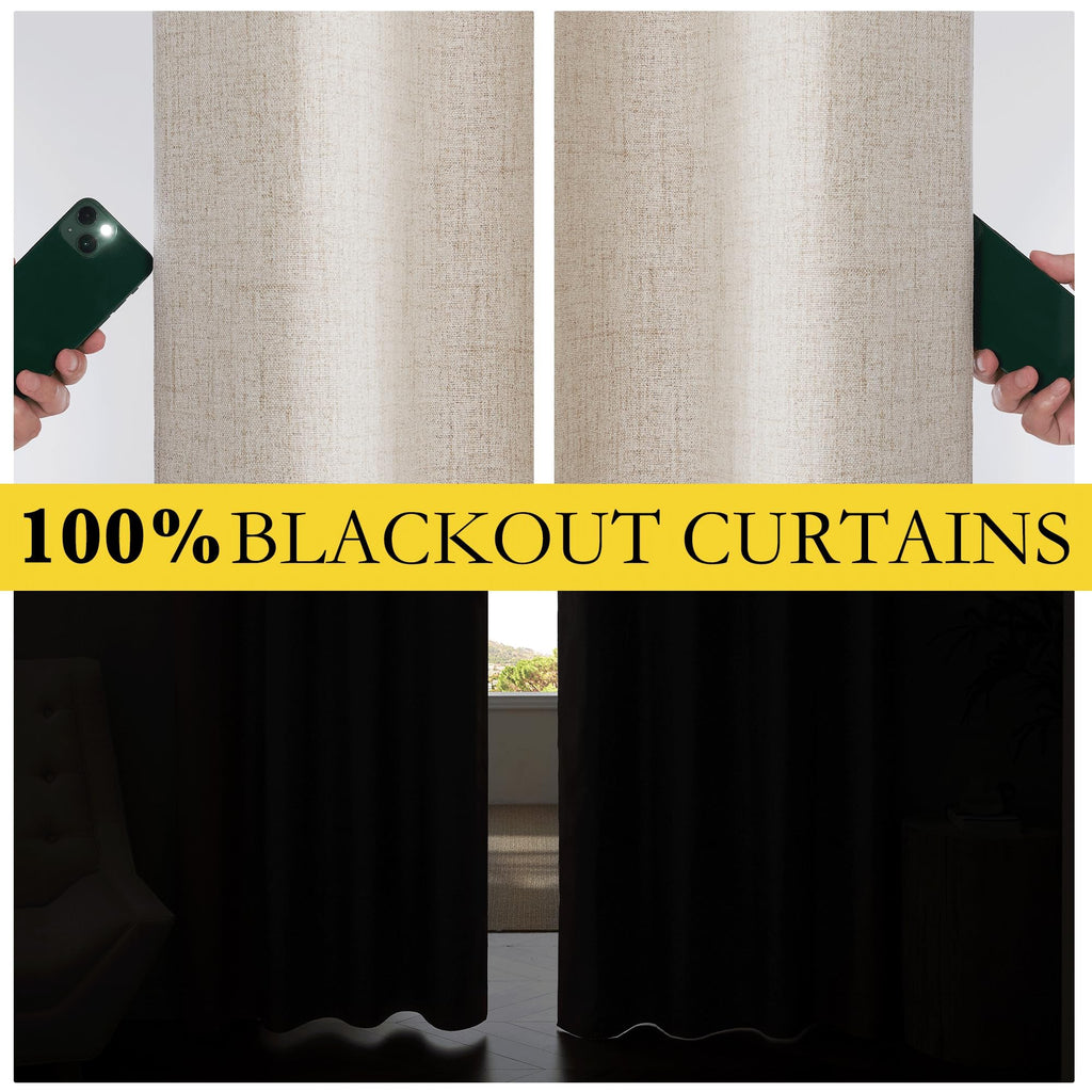 NICETOWN Oatmeal Vintage Open Linen Weave Flax Thermal Curtains, 100% Blackout Curtains 84 Inches Long for Dining Room, Window Treatment Drapes for Hall Room, 52" Wide Per Panel, Set of 2