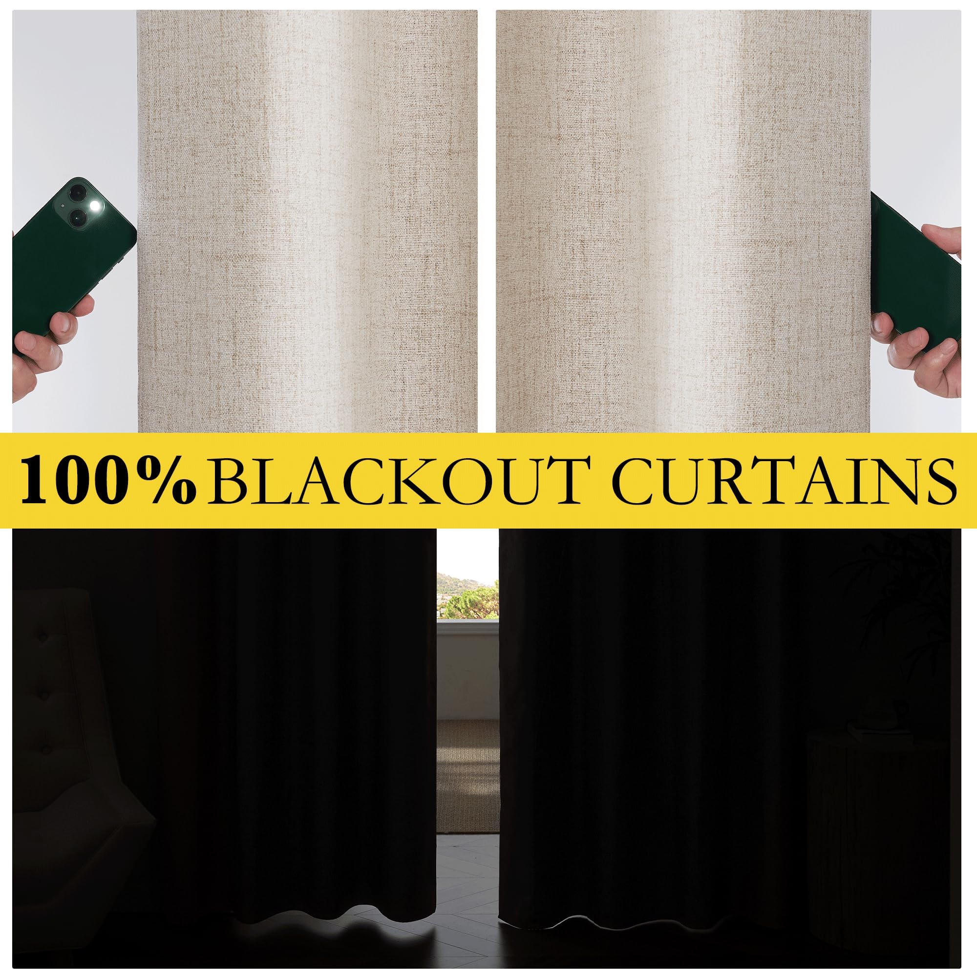 NICETOWN Oatmeal Vintage Open Linen Weave Flax Thermal Curtains, 100% Blackout Curtains 84 Inches Long for Dining Room, Window Treatment Drapes for Hall Room, 52" Wide Per Panel, Set of 2