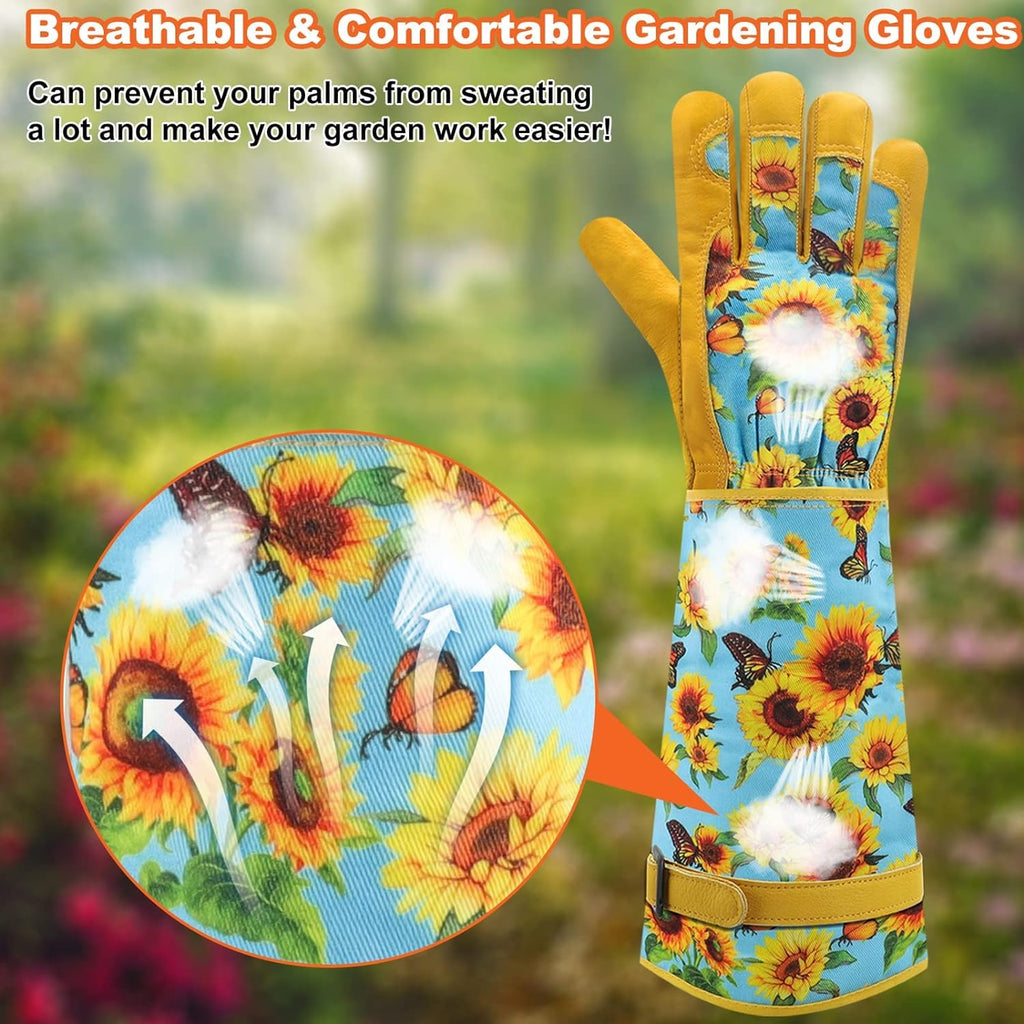 DLY Gardening Gloves for Women, Rose Gloves Gardening Thorn Proof, Long Garden Gloves for Women, Breathable Cowhide Leather Gauntlet (Medium, Blue)