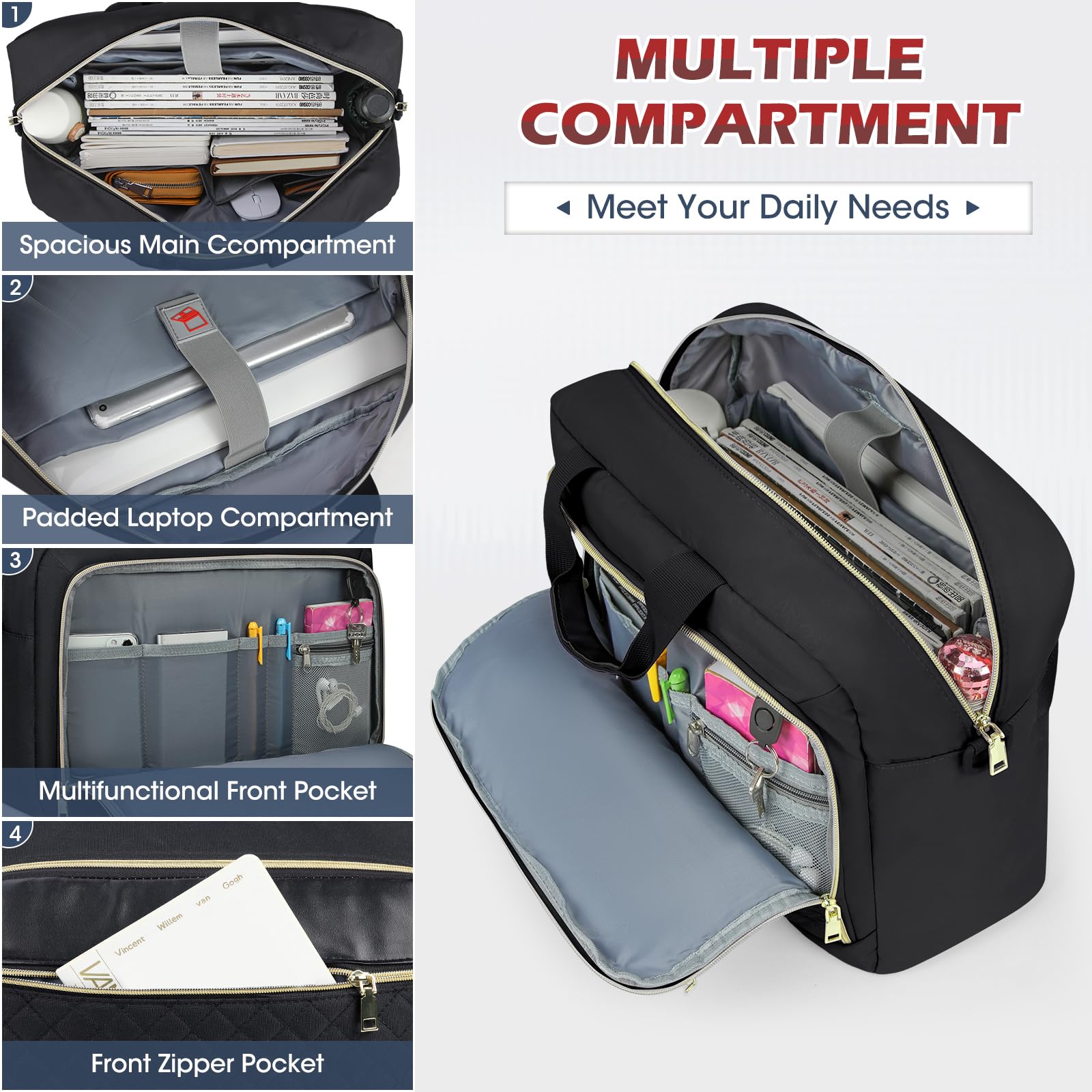 Laptop Bag 17.3 Inch Large Laptop Briefcase for Women Men Waterproof Shoulder Messenger Bag Padded Carry On Laptop Case Professional Computer Bag for Business Office Work College, Black