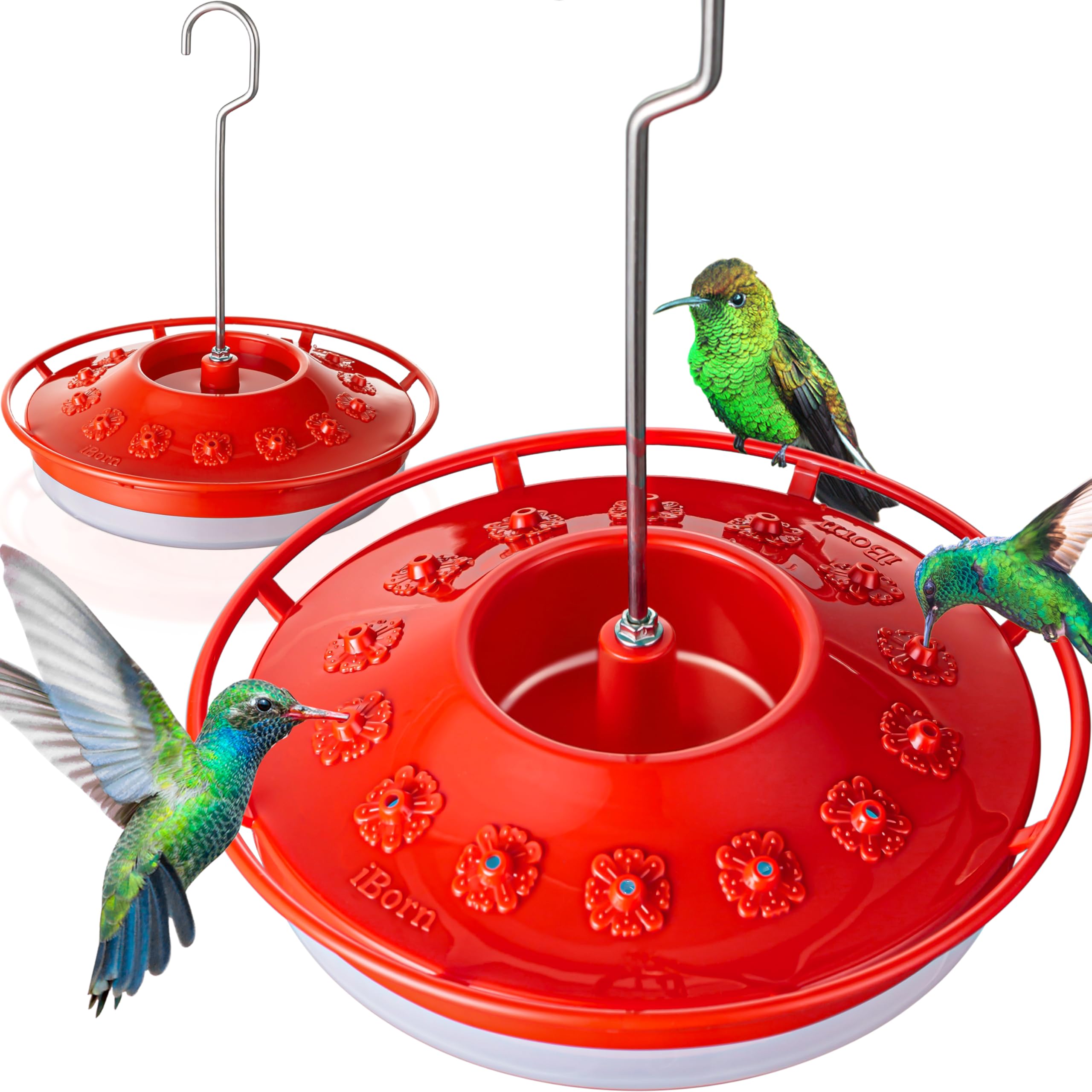iBorn Hummingbird Feeder for Outdoors with Built-in Ant Moat, Bird Feeders with 14 Bee Guard Ports, Metal Hanging Hook & Easy-Clean Design, 13 OZ,2-Pack,Red