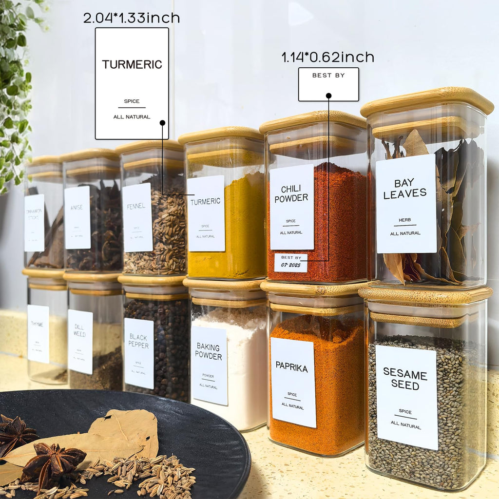 Kuocodall 12 Pcs Glass Spice Jars with Bamboo Airtight Lids & 201 Labels - 8oz Square Small Empty Food Storage Containers for Kitchen, Seasonings, Herbs, Salt