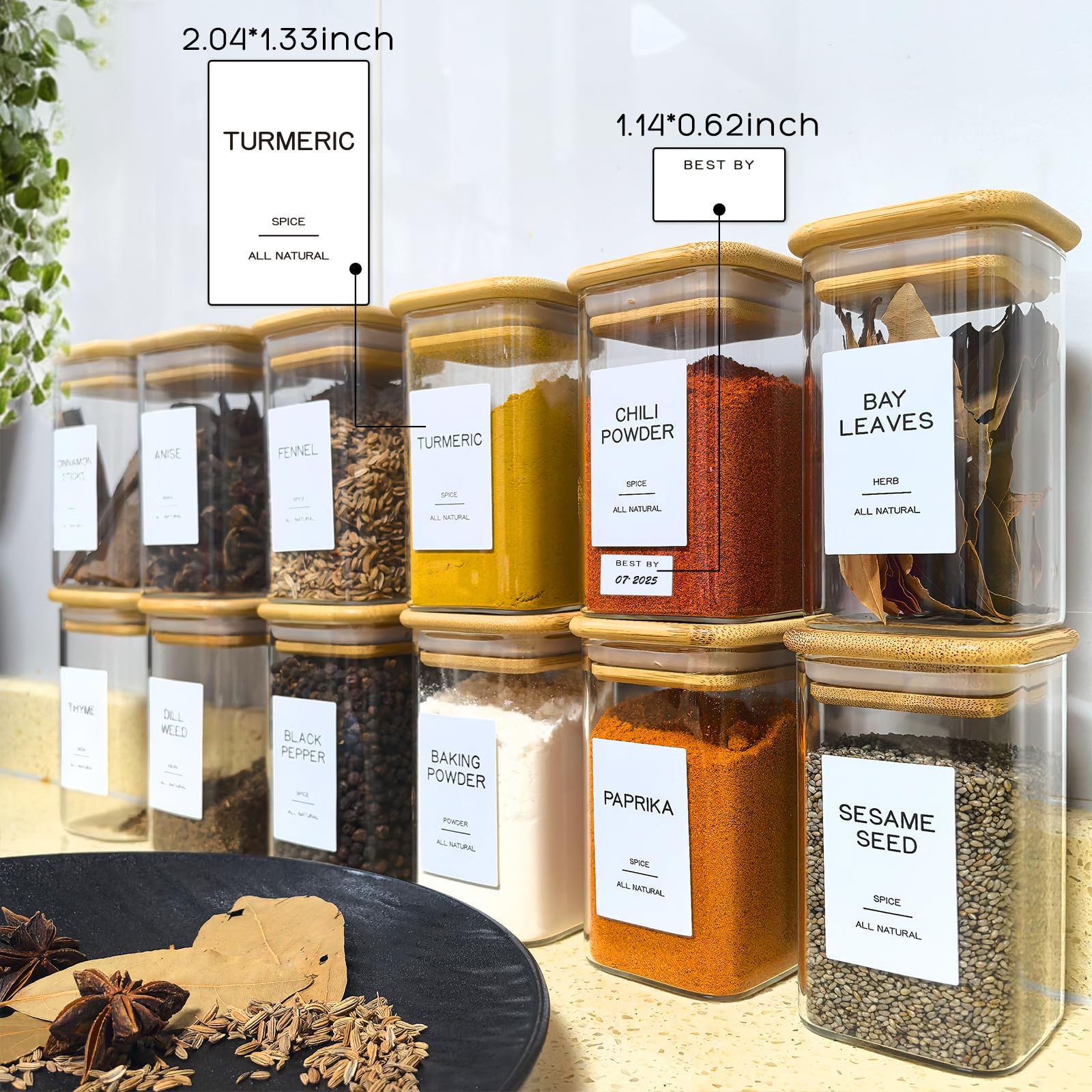 Kuocodall 12 Pcs Glass Spice Jars with Bamboo Airtight Lids & 201 Labels - 8oz Square Small Empty Food Storage Containers for Kitchen, Seasonings, Herbs, Salt
