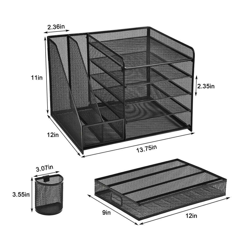 Desk Organizer with File Holder, 5-Tier Letter Paper Tray Organizer with Drawer & 2 Pen Holders, Desk Organizers and Accessories, Mesh Desktop File Organizer and Storage for Office Supplies