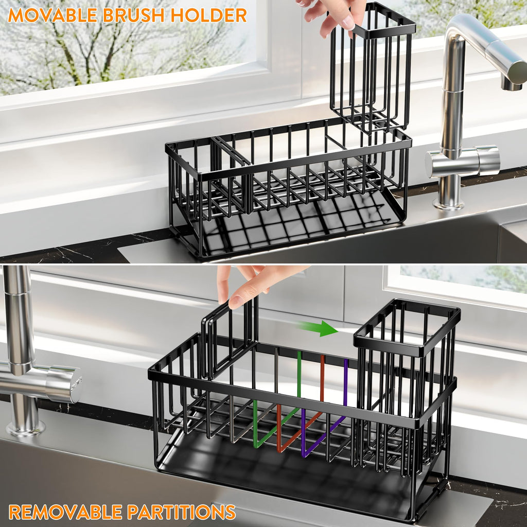 Cisily Extra Large Kitchen Sink Caddy Organzier with High Brush Holder, Sponge Holder for Sink, 304 Rustproof Stainless, Kitchen Countertop Soap Dispenser Organizer, Kitchen Decor and Accessories