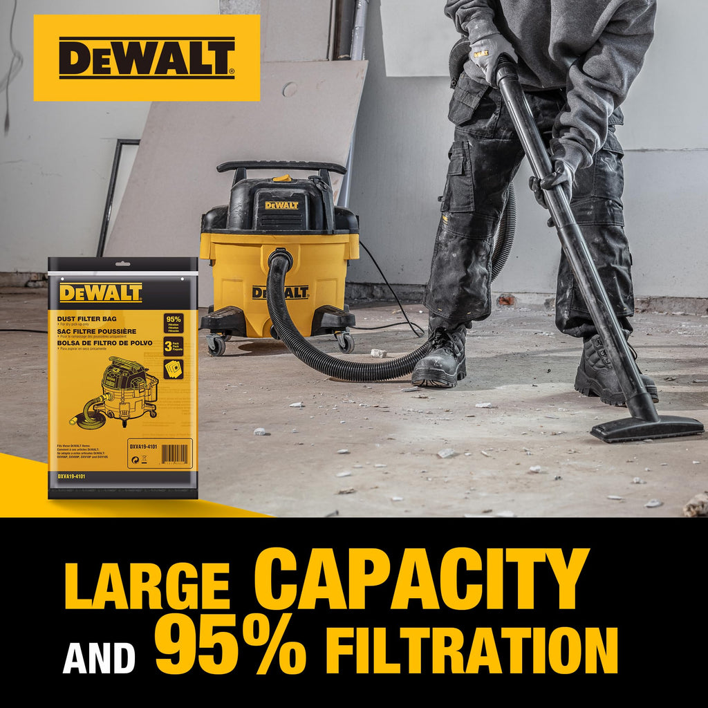 3 Pack DEWALT Dust Bag DXVA19-4101, for 6-10 Gallon Wet/Dry Vacuum, DEWALT Vacuum Bags, Compatible with DXV06P DXV09P DXV09PA DXV10P DXV10PL DXV10S DXV10SA DXV10SB