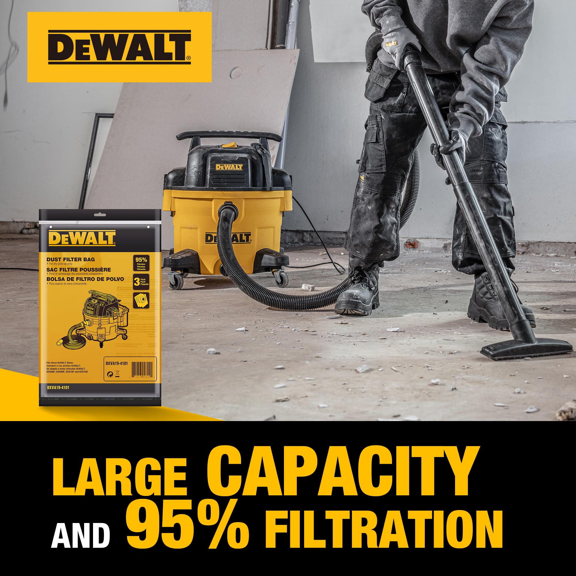 3 Pack DEWALT Dust Bag DXVA19-4101, for 6-10 Gallon Wet/Dry Vacuum, DEWALT Vacuum Bags, Compatible with DXV06P DXV09P DXV09PA DXV10P DXV10PL DXV10S DXV10SA DXV10SB