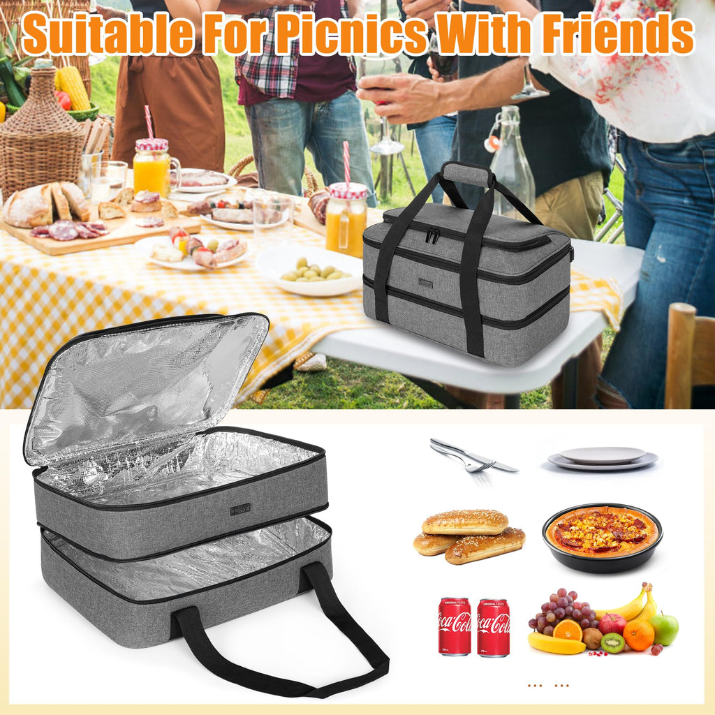 Trunab Double Decker Casserole Carrier for Hot or Cold Food Insulated Thermal Tote Bag for Picnic, Fits 9"×13" Baking Dish, Grey (Patented Design)