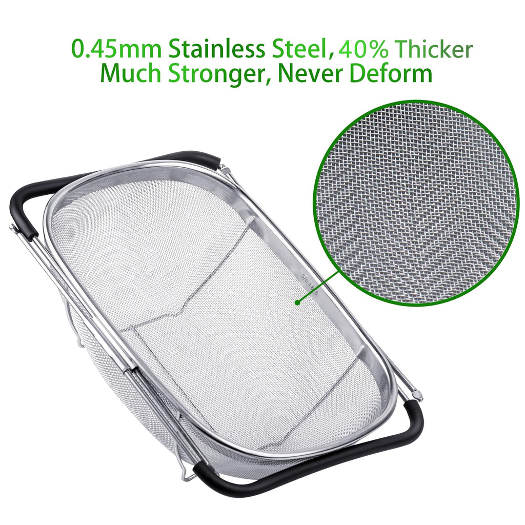 6-Quart Large Over The Sink Colander, 18/8 Stainless Steel Fine Mesh Strainer Basket with Expandable Rubber Grip Handles - Strain, Drain, Rinse Fruits, Vegetables