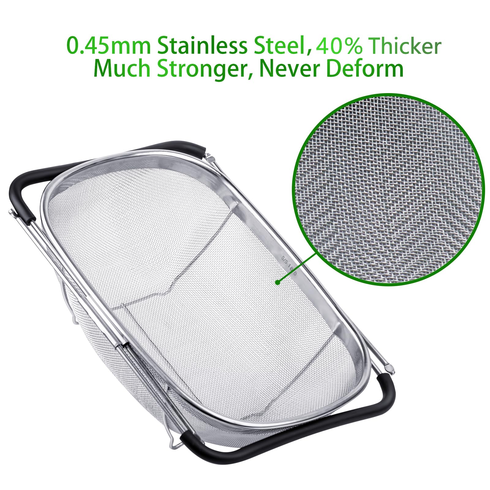 6-Quart Large Over The Sink Colander, 18/8 Stainless Steel Fine Mesh Strainer Basket with Expandable Rubber Grip Handles - Strain, Drain, Rinse Fruits, Vegetables