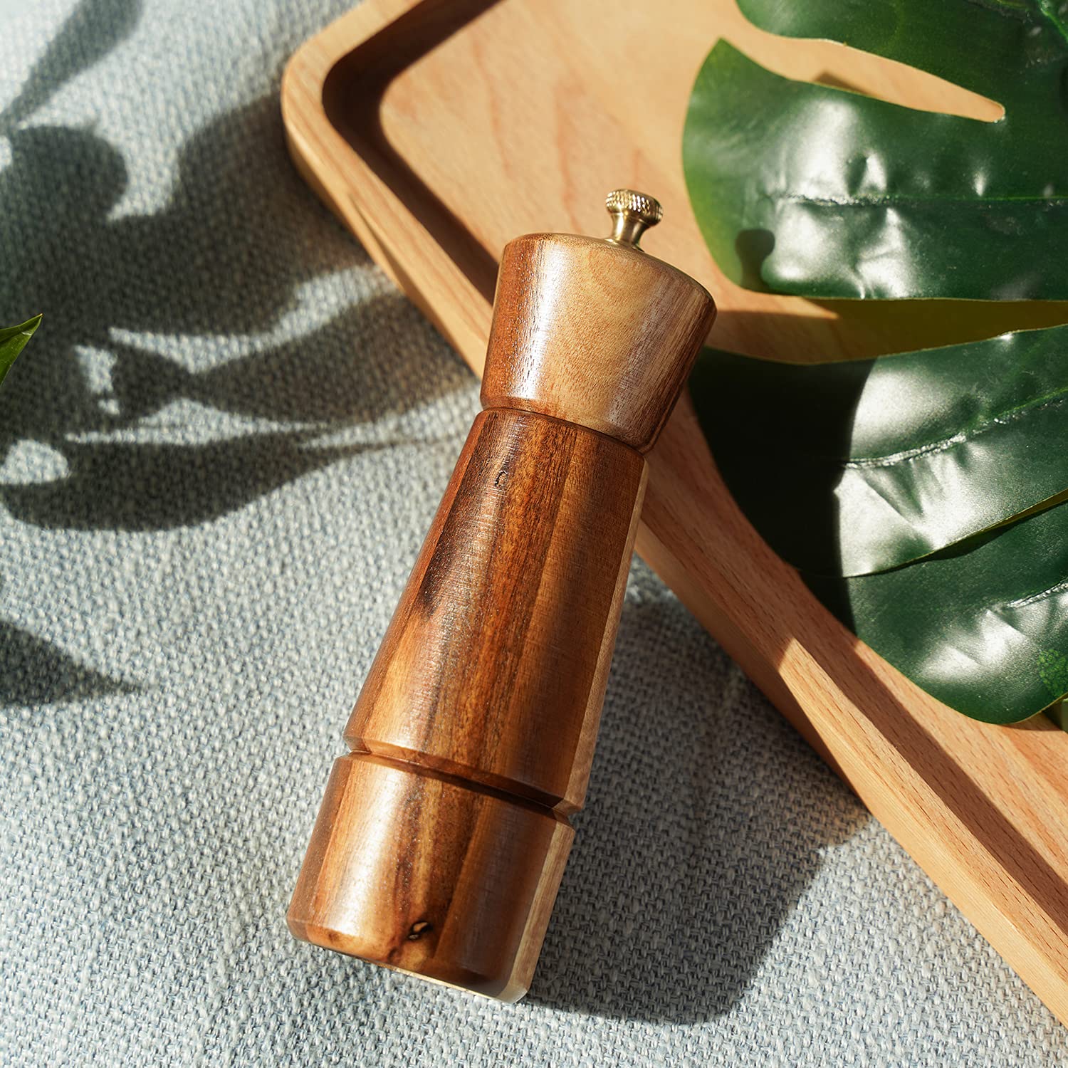 DeroTeno Pepper Grinder, Pepper Mill with Adjustable Stainless Steel, Acacia Wood, 16.5 cm / 6 inch Height, Bottom Dia: 5 cm, Upper Dia: 4.5 cm (Tray is NOT Included)