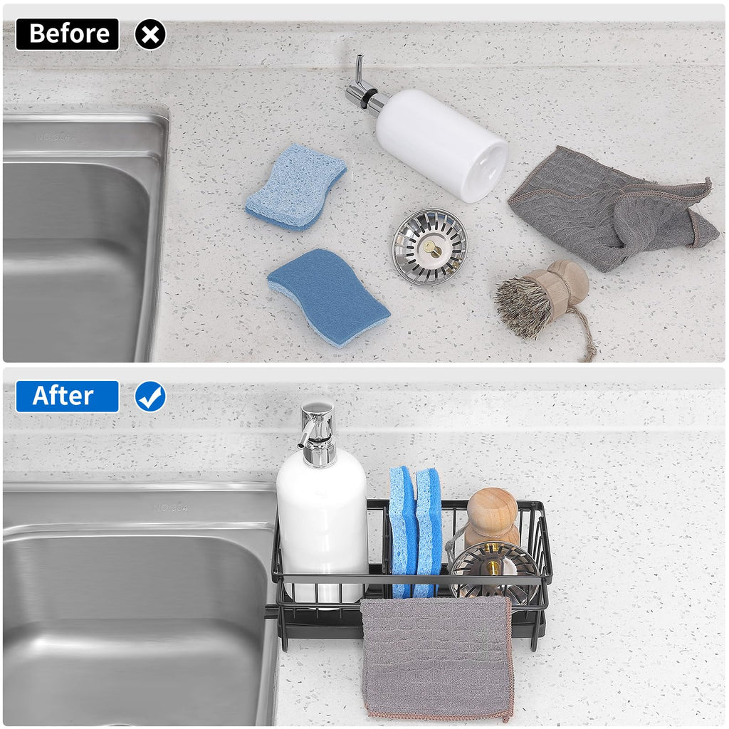 Cartilage Sponge Holder for Kitchen Sink Organizer, Kitchen Sink Caddy Storage with Dishrag Dishcloth Holder Rack,Rustproof 304 Stainless Steel Dish Sponge with Auto Draining Tray