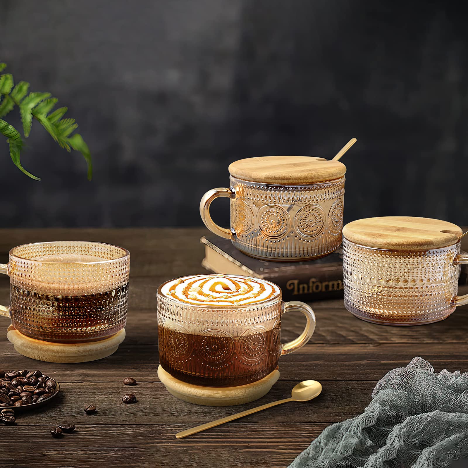 Vintage Coffee Mug Set - 4 Glass Cups with Bamboo Lids and Spoons, 14 Oz Embossed Glass Coffee Mugs, Stackable, Clear Breakfast Cups for Cereal, Yogurt, Latte, Tea (Amber)