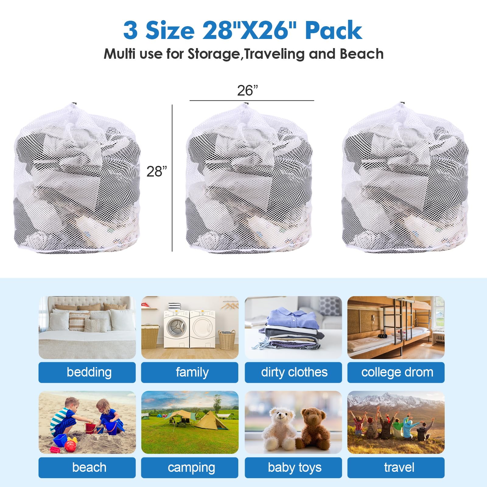3Pcs Mesh Laundry Bags Washing Machine Mesh Wash Bags Jumbo for Delicates Clothes,Bed Linen,Toys with Drawstring Closure Sturdy(3 XXLarge 28 x 26 Inches)