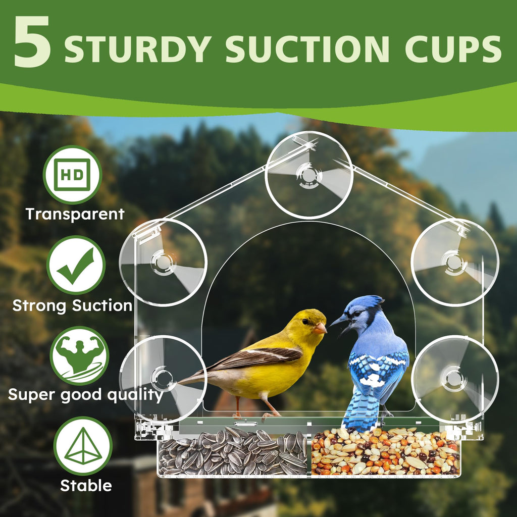 Window Bird Feeder for Outdoors, Clear Bird Feeders with 5 Extra Strong Suction Cups, Sturdy and Durable Bird House for Window Viewing Outside, Garden Decor Gifts for Bird Lover