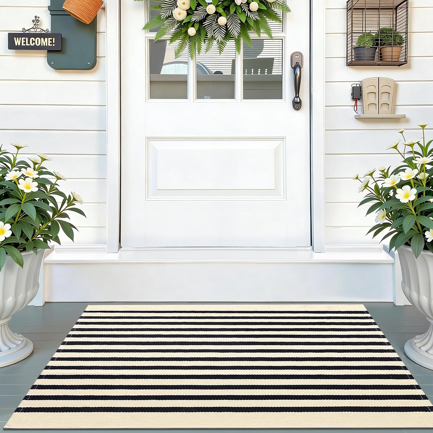 Colorxy Black and White Front Door Mat Outdoor 2x4.2 Cotton Handwoven Layered Welcome Mat Washable Stripe Outdoor Mats for Entrance Porch Front Door Decor
