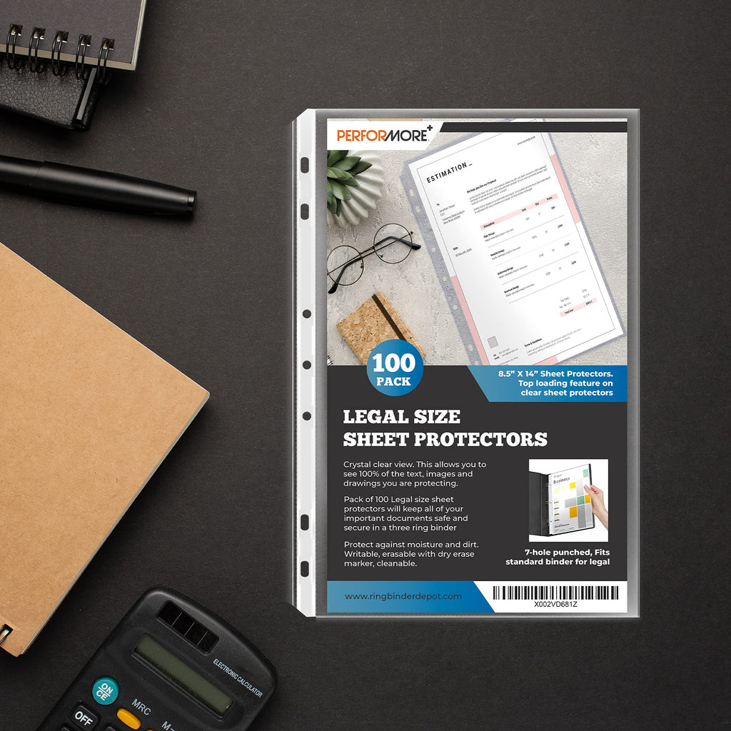 Legal Size Sheet Protectors 8.5x14, 100 Pack Heavyweight Top Loading 3-Ring Binder Sleeves, Archival Quality Acid Free Clear Plastic Page Protectors, Document Sleeves - Performore