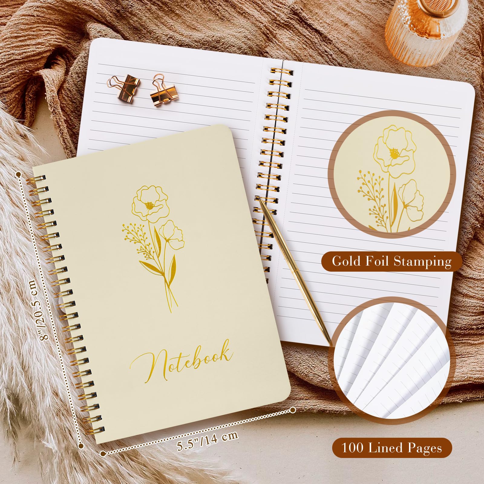 Lanpn Aesthetic Spiral Notebook Set of 3, 5.5 x 8 Pastel Notebook with Pocket 3 Pack, A5 Small Tear Out Lined Page Cute College Ruled Journal for Note Taking Writing for Women Man School Office Work