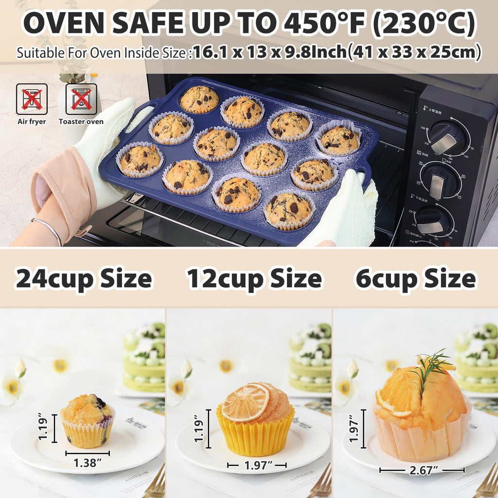 2 Pack Silicone Muffin Pan with Metal Frame, Non Stick Silicone Cupcake Pan with Handles Regular 12 Cup, BPA Free Silicon Muffin Tin Tray for Baking, Egg Bites, Cupcake Mold Grey