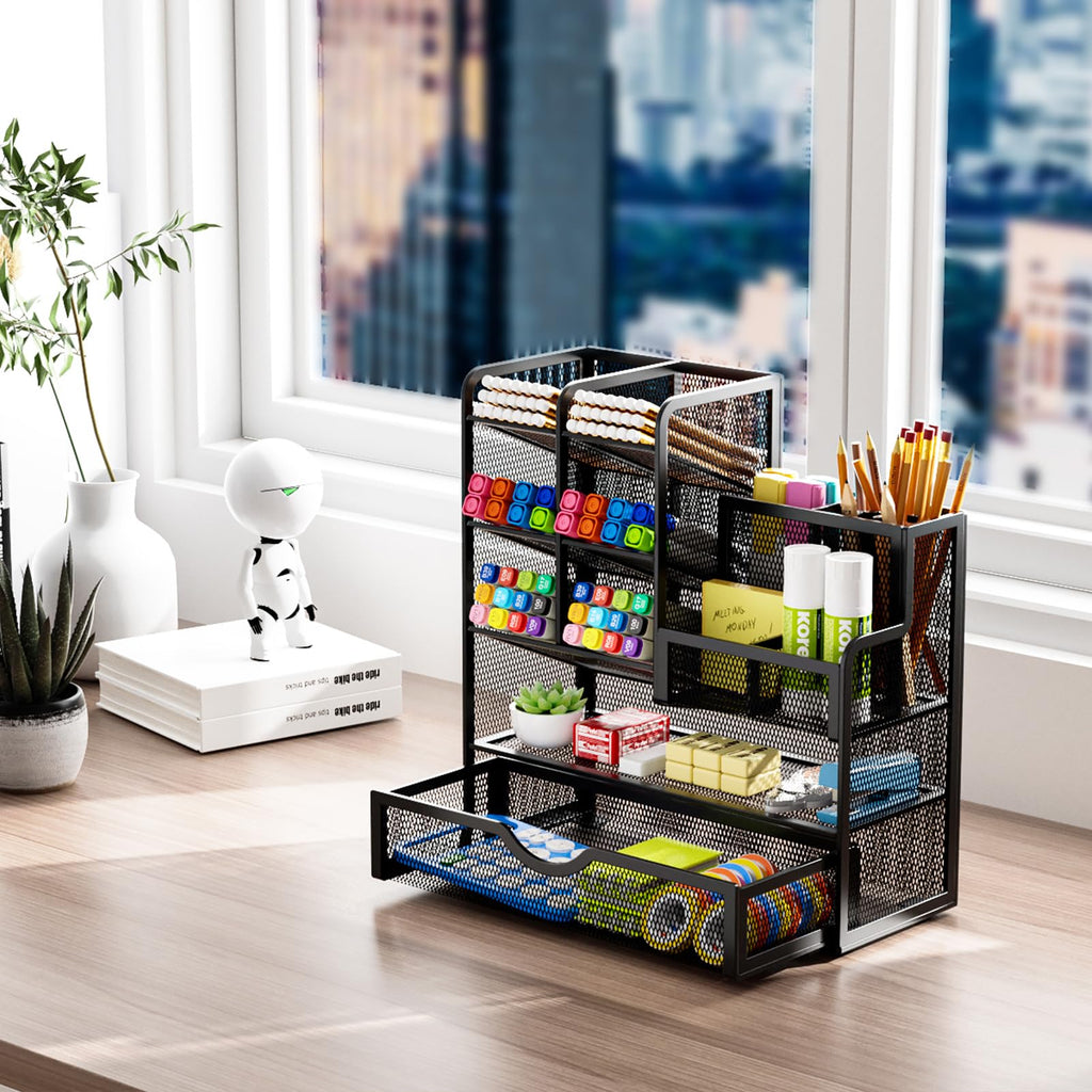 Marbrasse Pen Holder for Desk, Desk Organize with Drawer, Desk Organizers and Accessories for Office Art Supplies (Black)