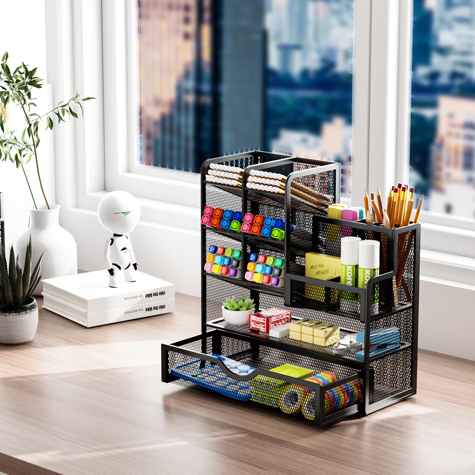 Marbrasse Pen Holder for Desk, Desk Organize with Drawer, Desk Organizers and Accessories for Office Art Supplies (Black)