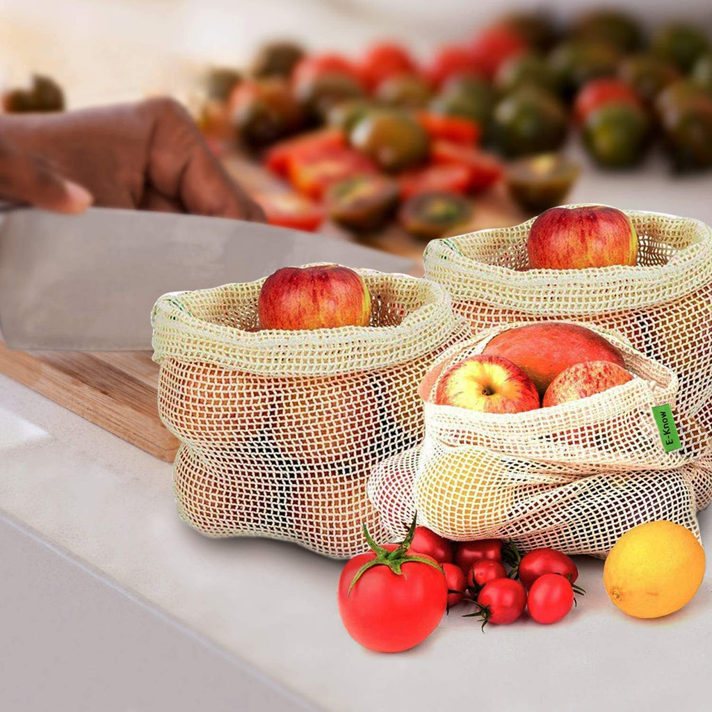E-Know Produce Bags,11 Pack Reusable Produce Bags,Natural Mesh Cotton, Zero-Waste Produce Bags,Durable Double-Stitched Seams 3 Small,4 Medium, 3 Large,1 Storage Bag