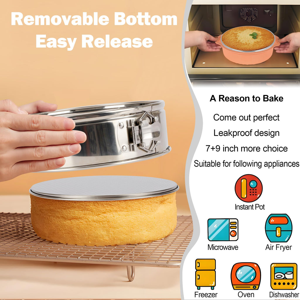 7, 9 Inch Springform Pan, Nonstick 304 Stainless Steel Cake Pans with Removable Bottom, Leakproof Springform Pan for Cheesecake with Silicone Pans Protector & 50PCS Parchment Paper, Dishwasher Safe