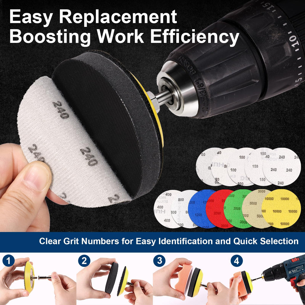 130 Pieces 3 Inch Sanding Disc, GOH DODD Headlight Restoration Kit Hook and Loop Sanding Pads 60 to 10000 Grit Wet Dry Sandpaper with 1/8" 1/4” Shank, Backer Plate, Polishing Pads and Interface Pad