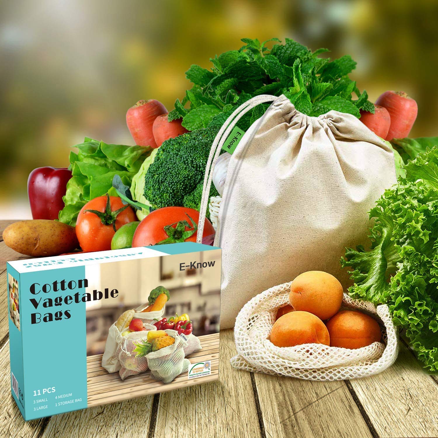 E-Know Produce Bags,11 Pack Reusable Produce Bags,Natural Mesh Cotton, Zero-Waste Produce Bags,Durable Double-Stitched Seams 3 Small,4 Medium, 3 Large,1 Storage Bag