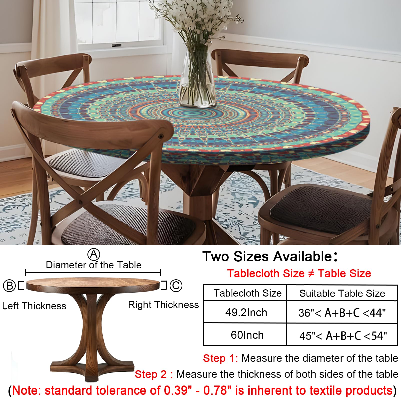 opstellen Boho Vinyl Round Tablecloth Waterproof Fitted Table Cloth Summer Fall Outdoor Circle Cover for 36-44" Tables Kitchen Dining Apartment Essentials Picnic Camping Party Decor Housewarming Gifts