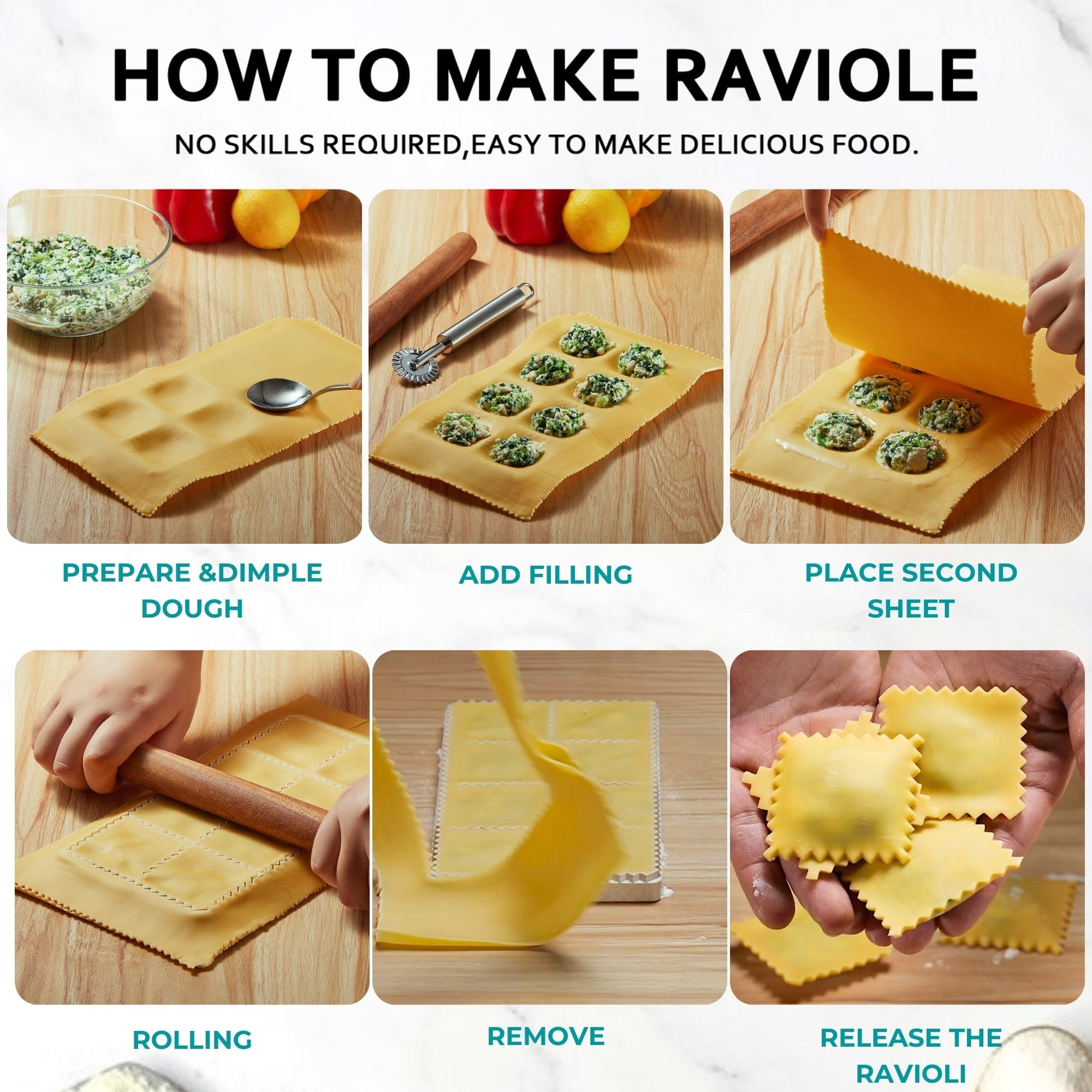 MUMSUNG 6pcs Ravioli Cutter Set, 8 Holes Press Ravioli Maker with Wooden Rolling Pin, Pasta Wheel Cutter and Small Dumpling Maker
