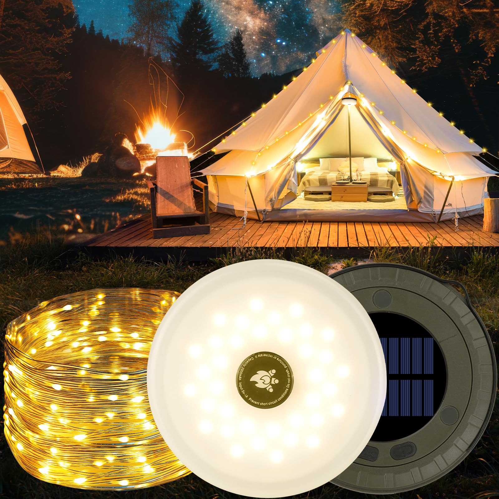 RISEMART Camping String Lights Rollable 10M, Camping Lamp with Solar Charging Waterproof Portable Rollable String Lights Outdoor with 5 Lighting Modes for Hiking and Yard Decoration