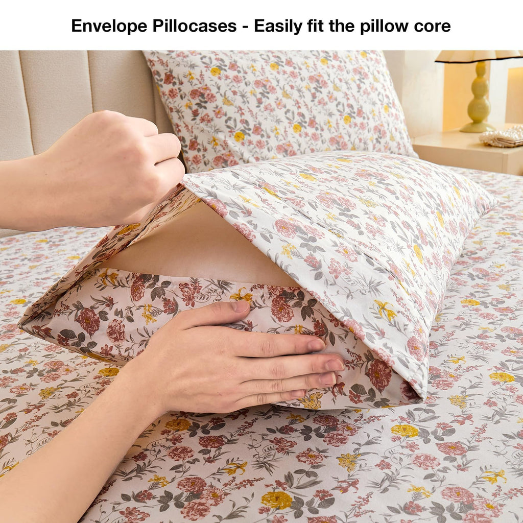 Viviland Floral King Sheet Set - 4 Piece Vintage Pink & Yellow Flower Patterned Bed Sheets - Soft, Breathable Microfiber Sheets with Deep Pocket, Non-Slip Fitted Sheets & Pillowcases