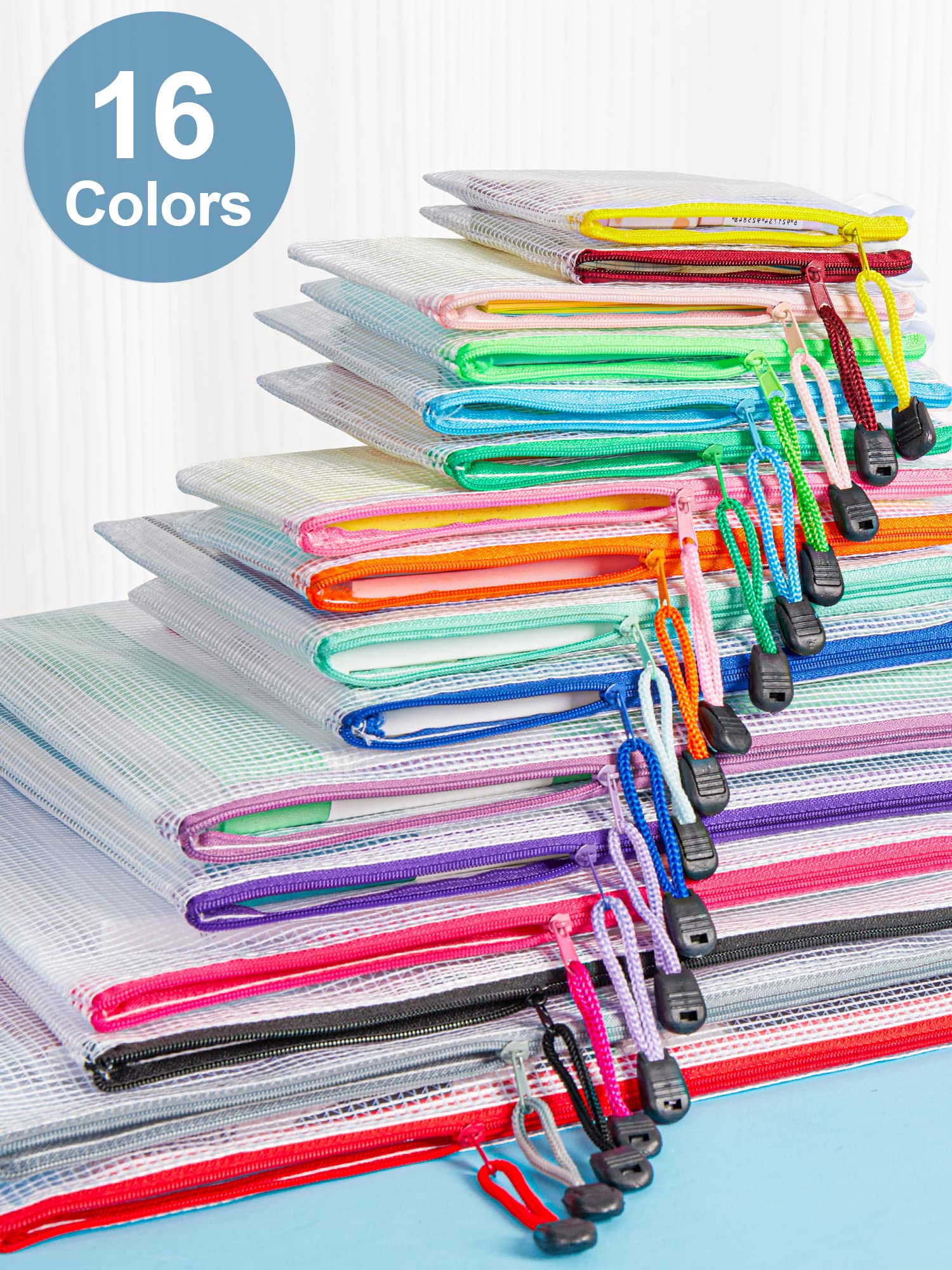 JARLINK 40pcs Mesh Zipper Pouch, 8 Sizes Waterproof Zipper Bags for Board Games Storage, 16 Colors Organization Pouches for School Supplies, Office Appliances, Cosmetics, and Travel