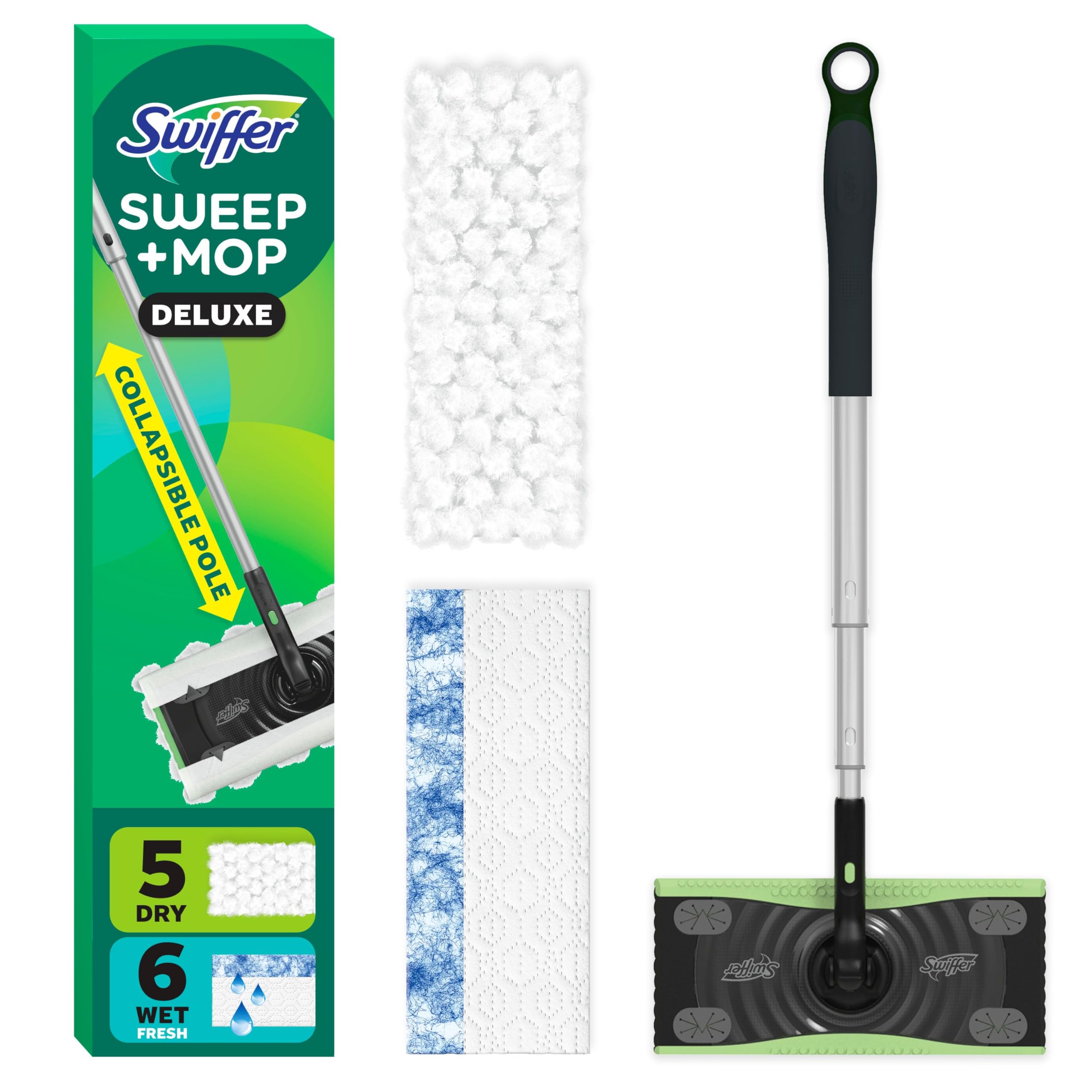 Swiffer Sweep and Mop Deluxe, 2-in-1 Floor Mopping and Sweeping Kit, Multi-Surface Kit for Floor Cleaning, Kit Includes 1 Sweeper Device, 5 Heavy Duty Dry Sweeping & 6 Heavy Duty Wet Mopping Cloths