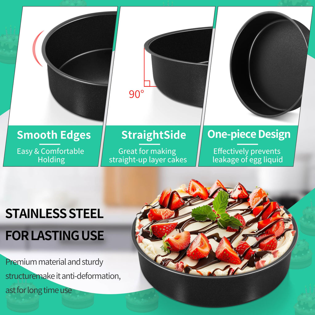 8 Inch Round Cake Pan Set, P&P CHEF 3 Piece Non-Stick Cake Baking Pans for Birthday Wedding Layer Cakes, Stainless Steel Core & One-Piece Design, Sturdy & Healthy, Black