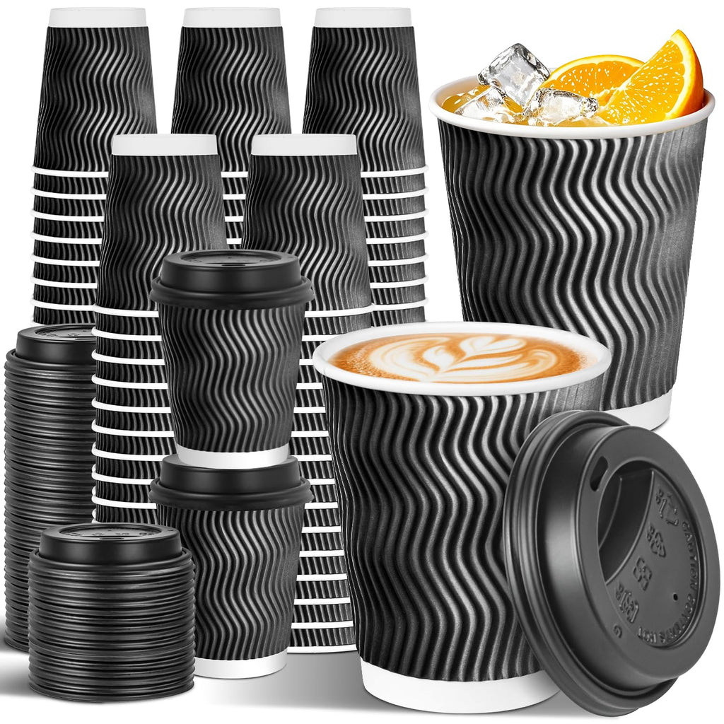 Sipthene 100 Pack 8 oz Disposable Coffee Cups with Lids, to Go Insulated Thick Coffee Cups for Hot/Cold Beverage, Corrugated Ripple Wall Cups for Espresso Coffee, Hot Chocolate and Cocoa - Black