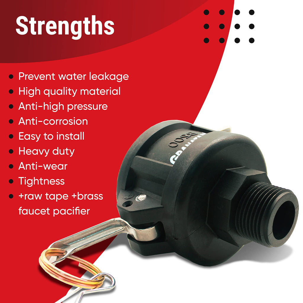 IBC Tote Fittings for 275 330 Gallon Tank - 2 Inch Cam Lock Adapter - 3/4 Inch Male Garden Thread - Food Grade Camlock for Garden Hose